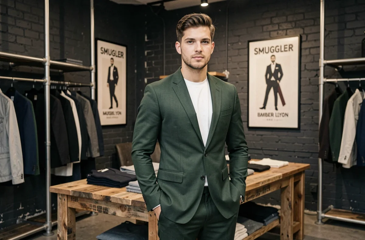 Un homme jeune et élégant porte un costume ajusté dans la boutique Smuggler Lyon