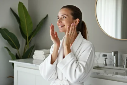 Femme appliquant une creme visage dans une salle de bain moderne