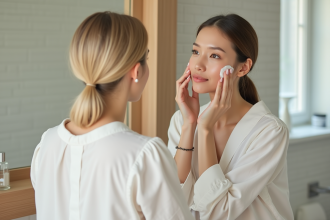 Femme appliquant une creme visage avec peau saine