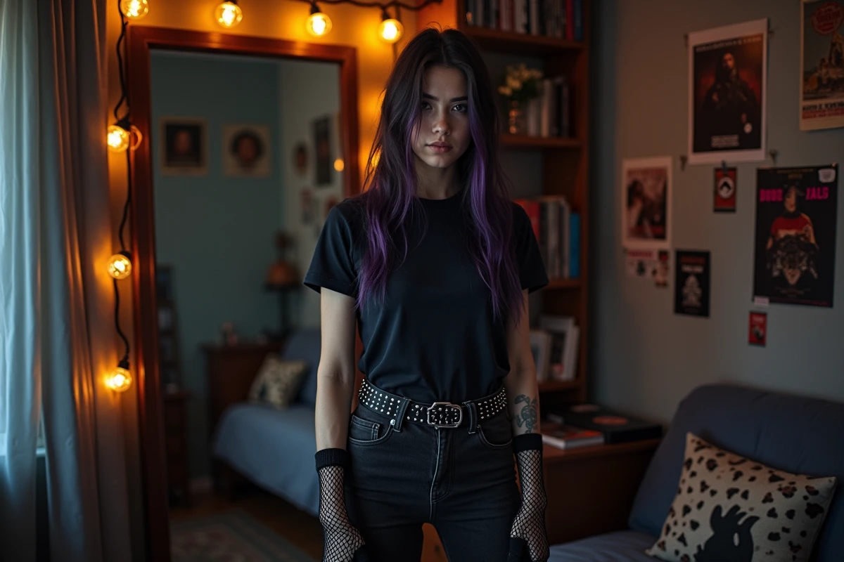 Jeune femme en style emo débutant avec t-shirt de groupe noir, jean skinny et gants en filet devant un miroir décoré de stickers dans une chambre alternative