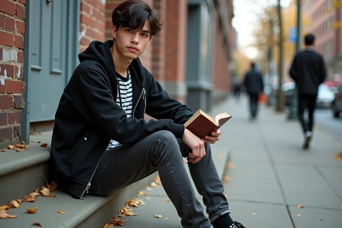 Jeune homme en style emo débutant avec hoodie noir et chemise rayée assis sur des escaliers en béton urbain tenant un livre