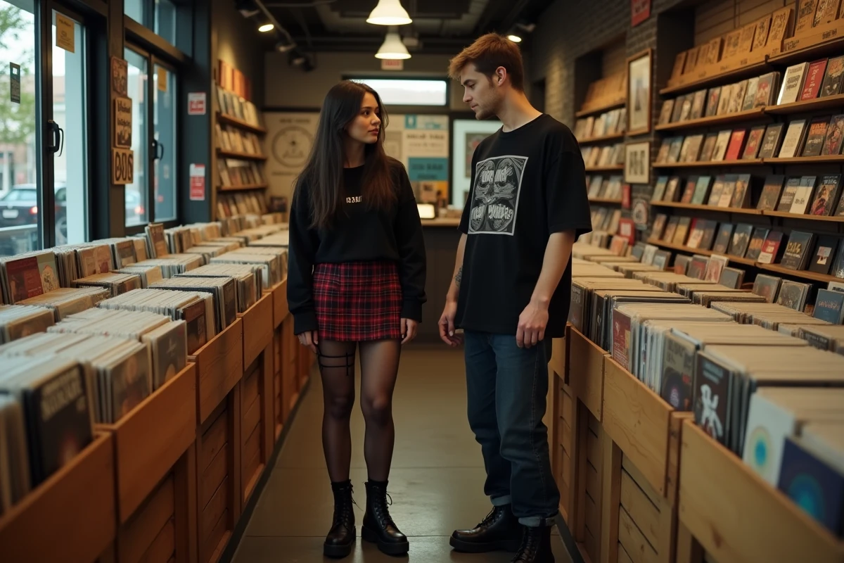 Deux ami·e·s en style emo débutant parcourant des vinyles dans un magasin de disques indépendant avec affiches de groupes au mur
