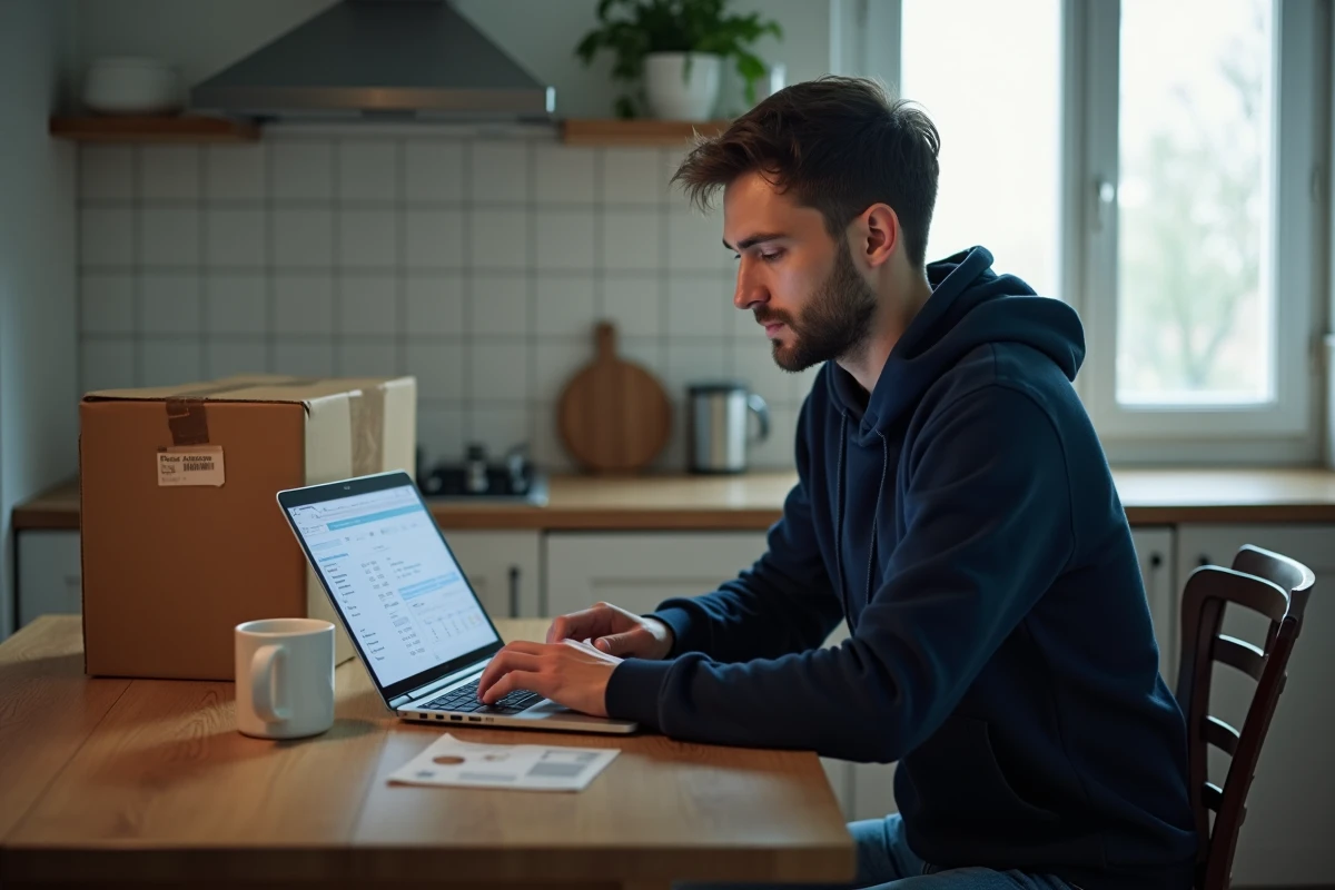 Vendeur Vinted vérifiant le suivi de colis retour non récupéré sur son ordinateur portable