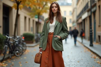 Femme élégante portant une jupe terracotta et un blazer vert sauge dans une rue pavée parisienne, illustration des tendances couleur mode 2026