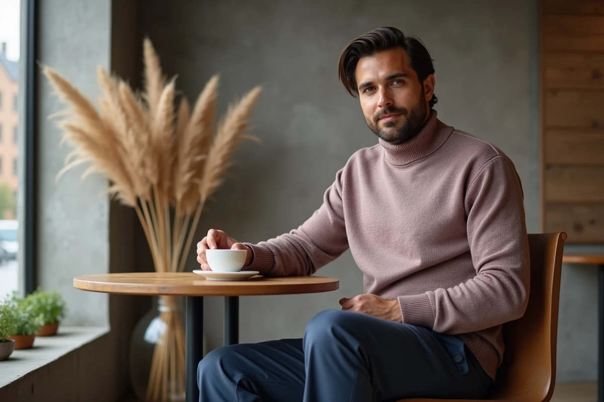Homme en pantalon bleu ardoise et pull mauve dans un café minimaliste, reflet des tendances couleur mode automne-hiver 2026