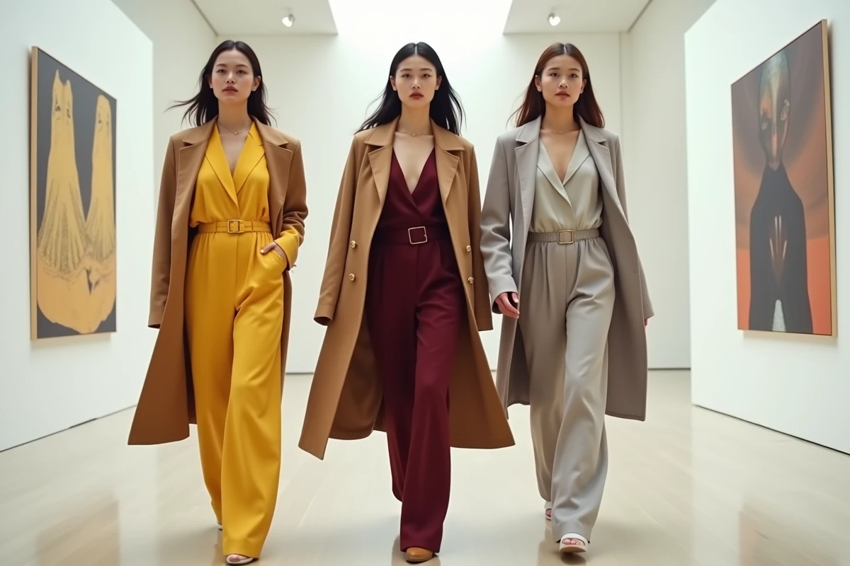 Trois femmes stylées dans un musée d'art moderne portant des tenues aux couleurs tendance 2026 : jaune beurre, bordeaux et gris colombe