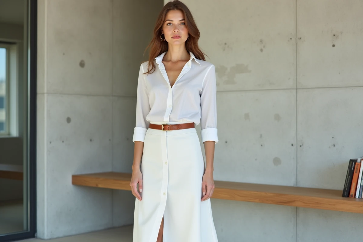 Femme portant une chemise blanche et jupe midi blanche avec ceinture cognac dans un appartement minimaliste