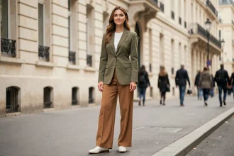 Femme élégante portant un blazer vert kaki avec un pantalon camel dans une rue parisienne
