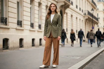 Femme élégante portant un blazer vert kaki avec un pantalon camel dans une rue parisienne