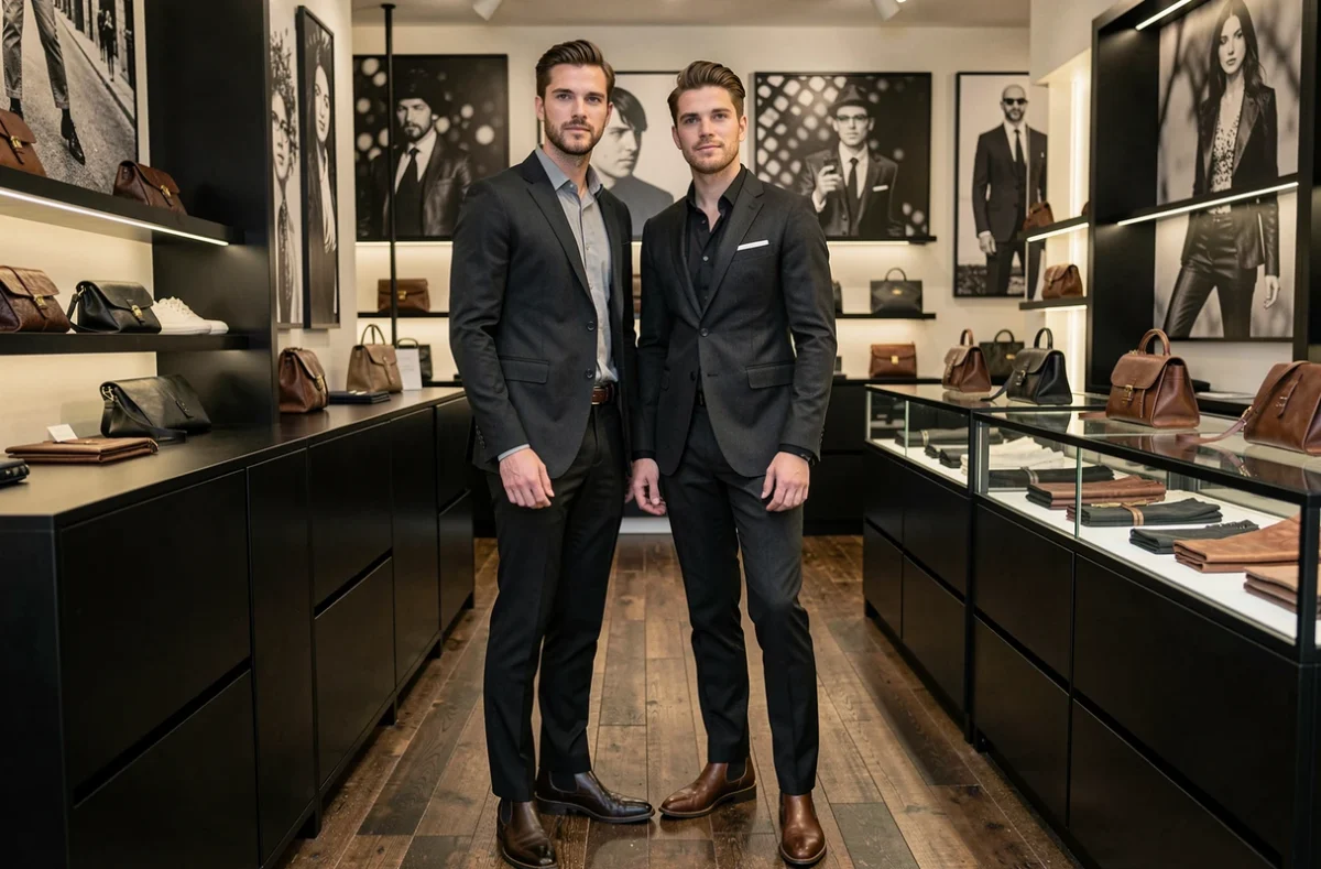 Un homme en costume sombre The Kooples pose avec élégance dans la boutique lyonnaise de la marque