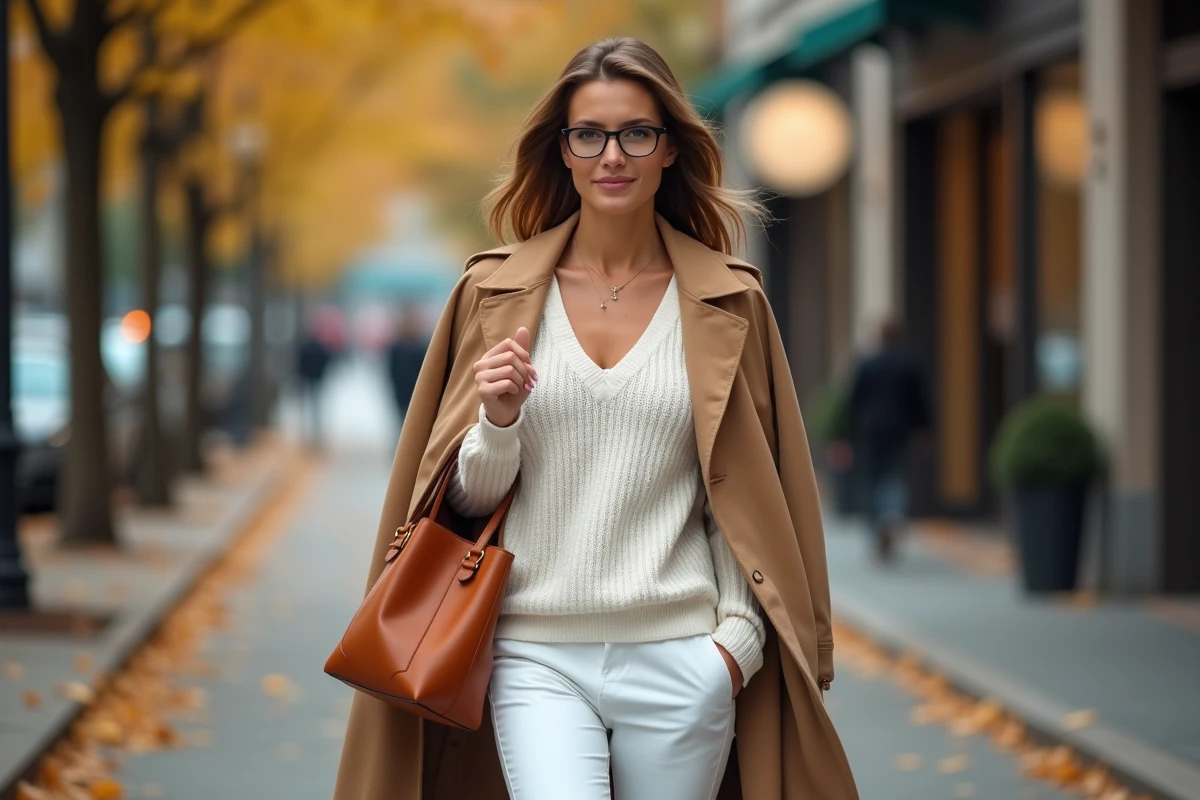 Femme en total look blanc avec trench camel marchant dans une avenue parisienne en automne