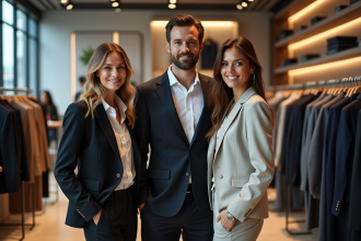 Trois vendeurs élégants dans une boutique de mode française