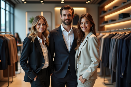 Trois vendeurs élégants dans une boutique de mode française
