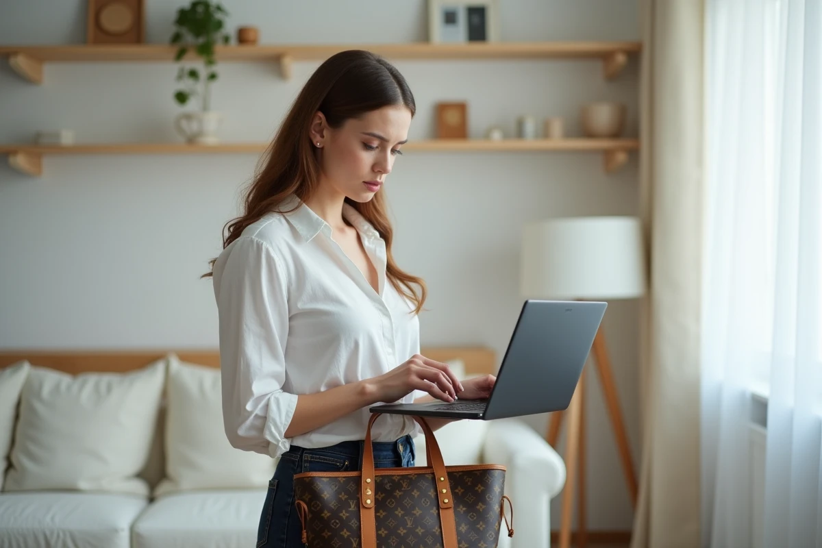 Femme vérifiant l'authenticité d'un sac Louis Vuitton sur un site spécialisé depuis son appartement