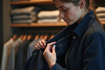 Femme examinant attentivement l'étiquette d'une veste de marque Sonstiges Clothing en boutique