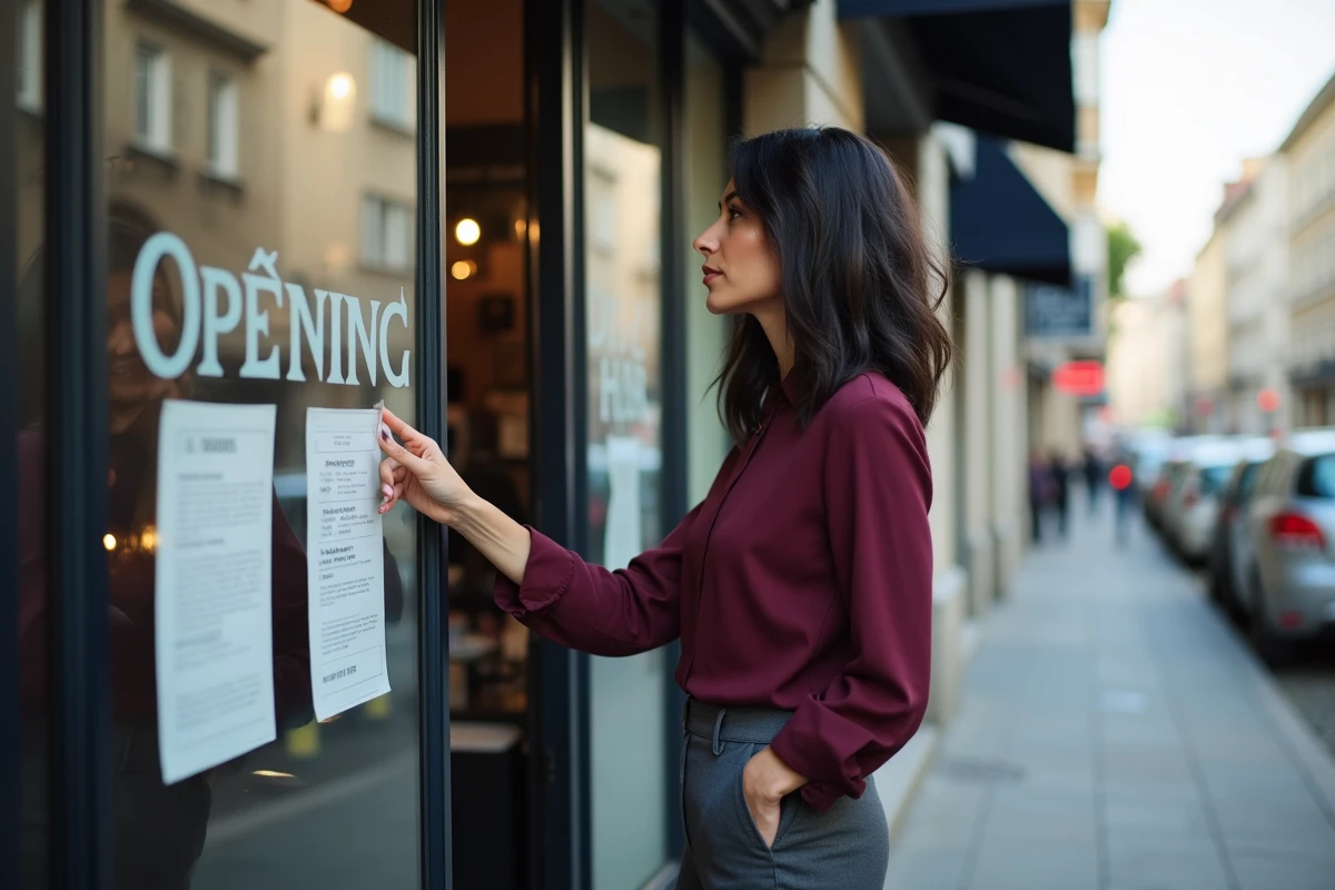 Nouvelle cliente lisant les informations pratiques affichées en vitrine du salon Pilou Givors en 2026