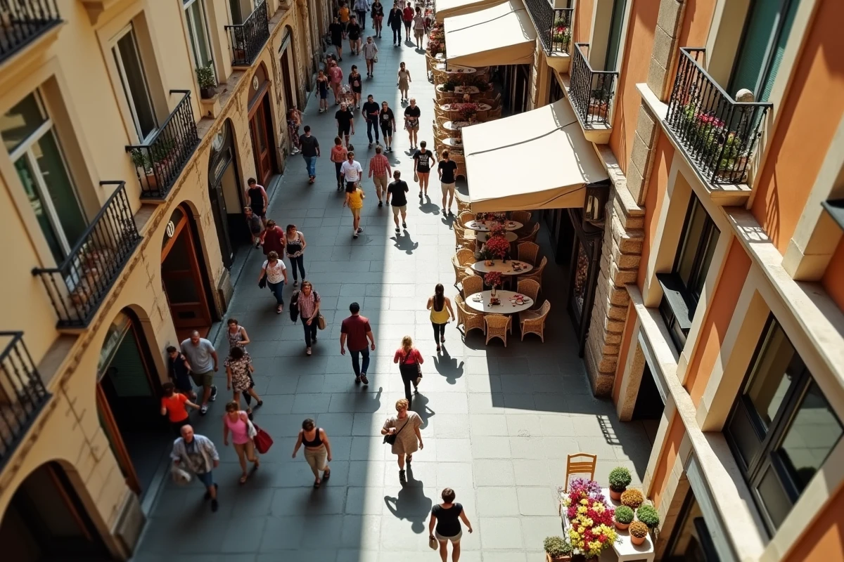 Vue en hauteur d'une rue piétonne commerçante animée à Marseille avec fleuriste, terrasse de café et nombreux passants