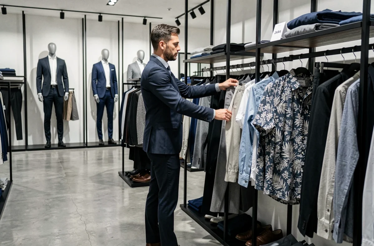 Homme tendance parcourant la collection homme Zara en Seine-Saint-Denis